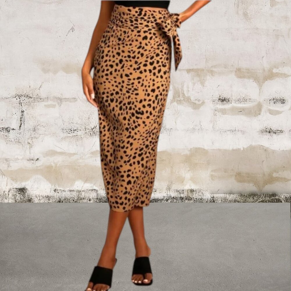 Lulu's Statement Maker Tan Animal Print Wrap Midi Skirt Size Medium